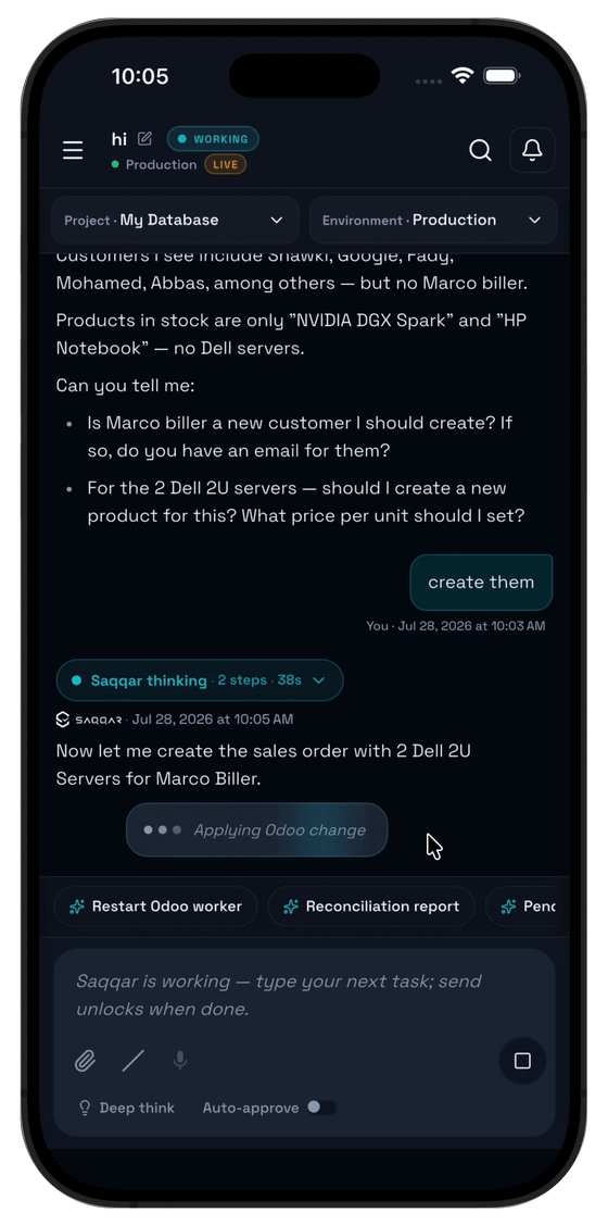 Saqqar mobile app — asking about unpaid invoices and approving actions on the phone